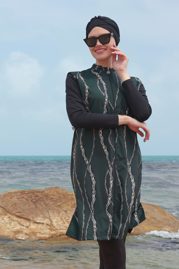 0540211 Zincir Desen Önden Fermuarlı Arka Ayarlanabilir Lastikli Tesettür Mayo - 2