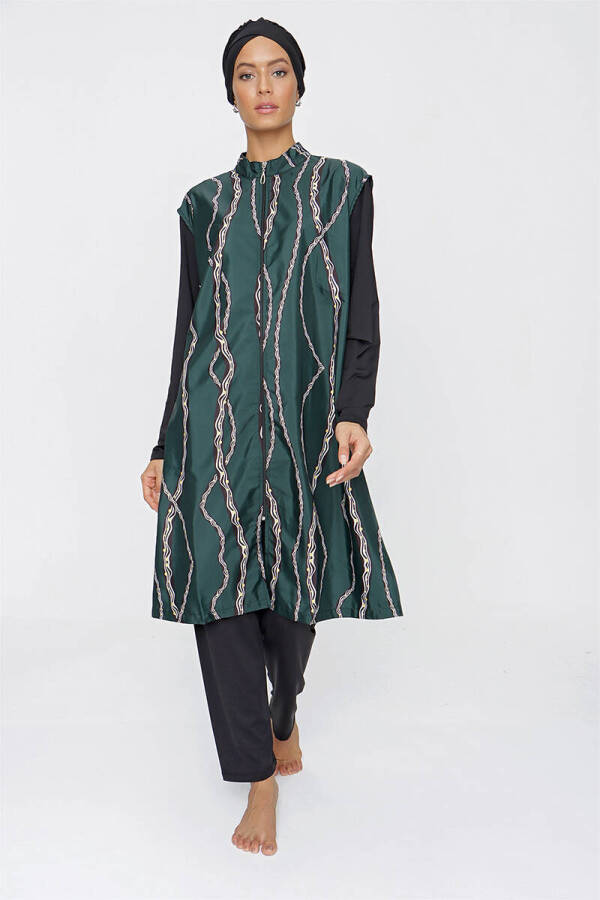 Siyah Zincir Desen Önden Fermuarlı Arka Ayarlanabilir Lastikli Tesettür Mayo - 1