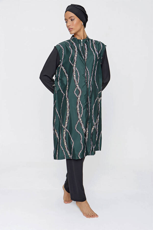 Siyah Zincir Desen Önden Fermuarlı Arka Ayarlanabilir Lastikli Tesettür Mayo - 3