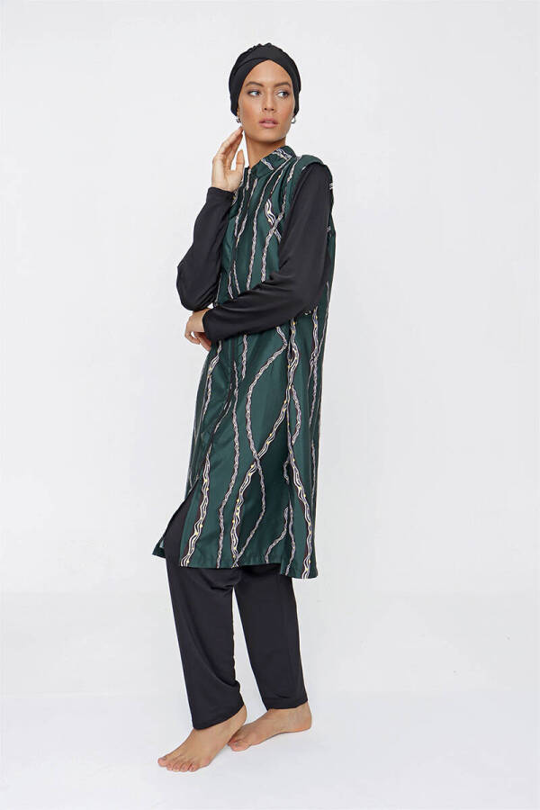 Siyah Zincir Desen Önden Fermuarlı Arka Ayarlanabilir Lastikli Tesettür Mayo - 4