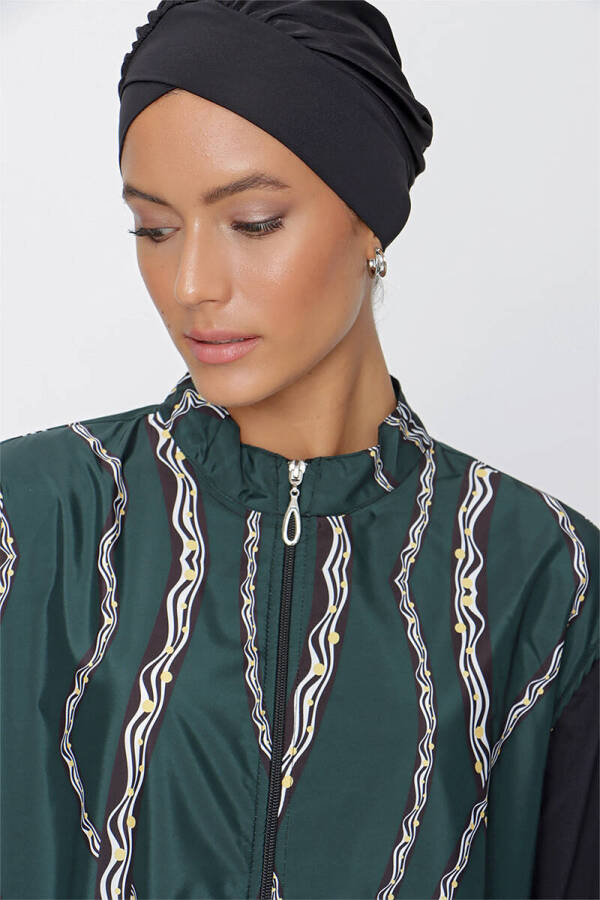 Siyah Zincir Desen Önden Fermuarlı Arka Ayarlanabilir Lastikli Tesettür Mayo - 5