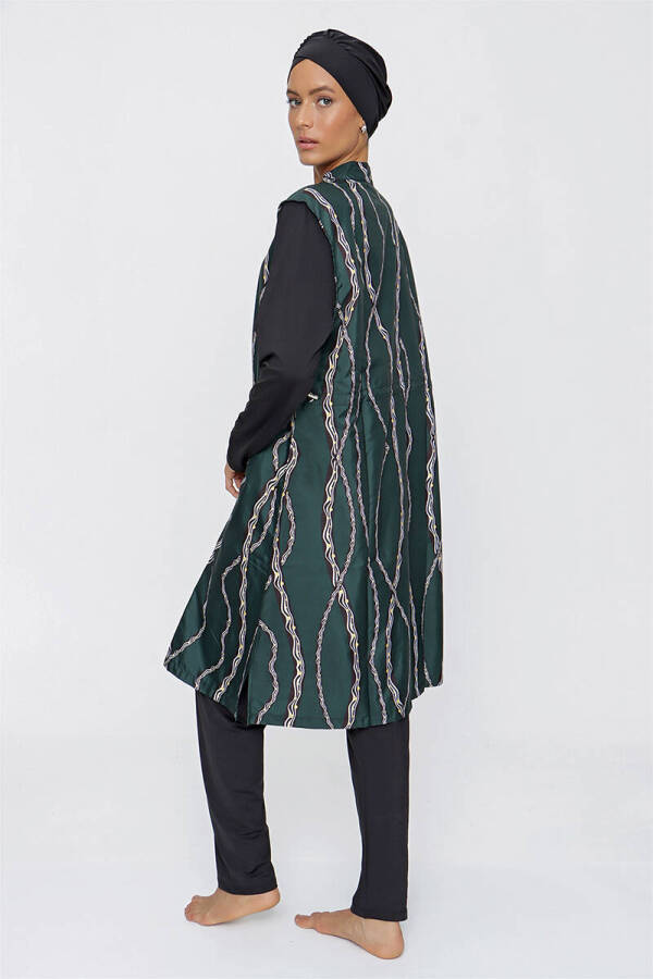 Siyah Zincir Desen Önden Fermuarlı Arka Ayarlanabilir Lastikli Tesettür Mayo - 6