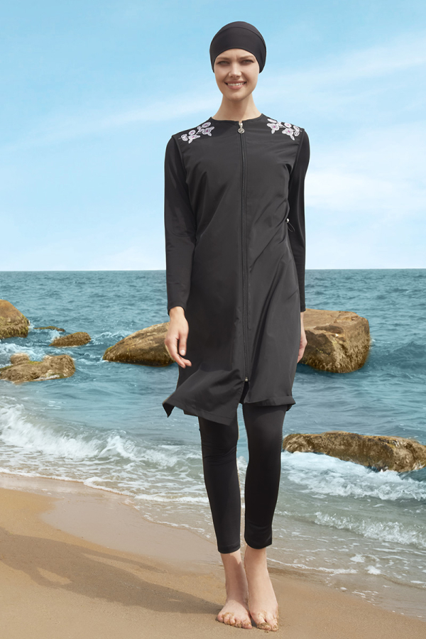 0544211 Omuz Nakış Detaylı Yanları Yırtmaçlı Tesettür Mayo - 1