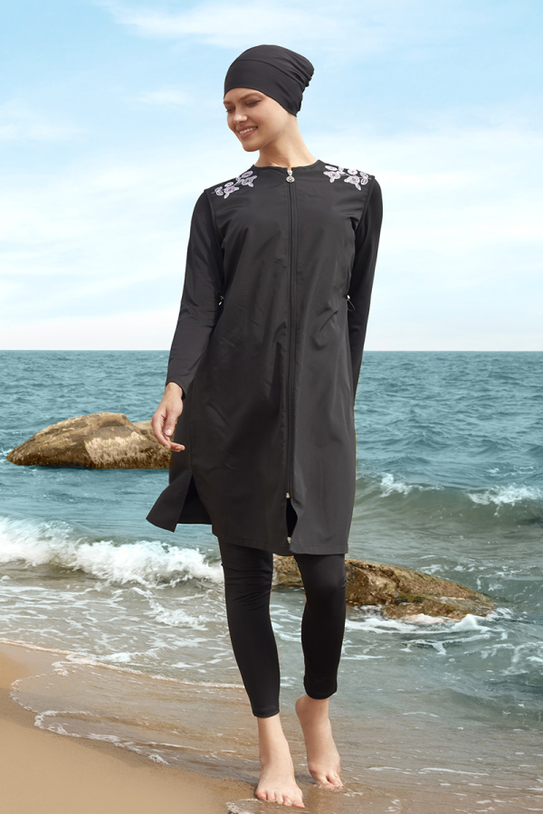 0544211 Omuz Nakış Detaylı Yanları Yırtmaçlı Tesettür Mayo - 2