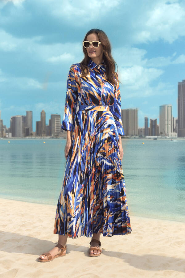 Saks Desenli Saten Pilise Etek - 1