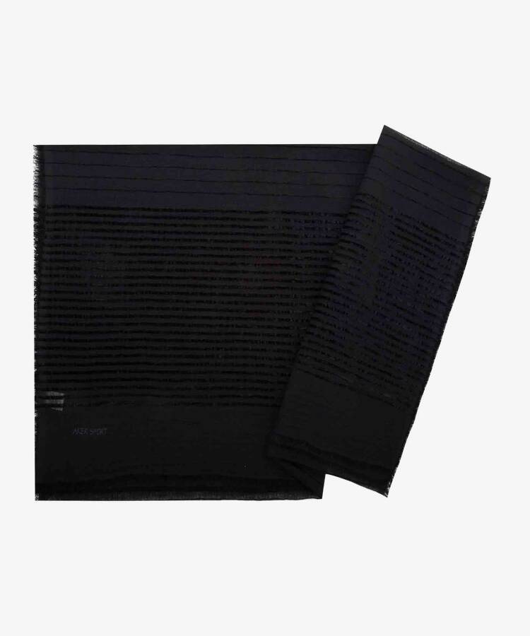 Siyah Polyester Kadife Şeritli Dikdörtgen Çizgili Şal - 1
