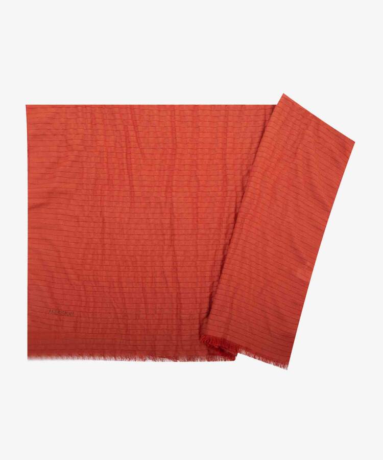 Kiremit Polyester Püsküllü Dikdörtgen Kareli Şal - 1