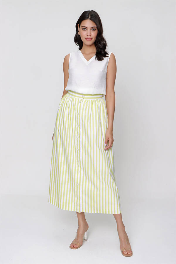 Yeşil Önden Düğmeli Çizgili Etek - 1