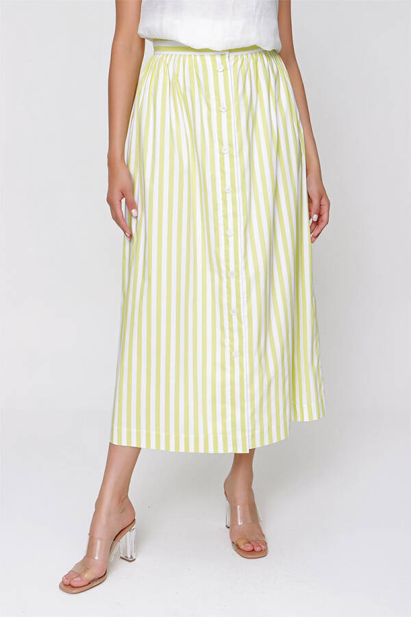 Yeşil Önden Düğmeli Çizgili Etek - 2