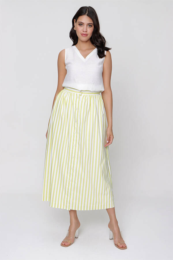 Yeşil Önden Düğmeli Çizgili Etek - 3
