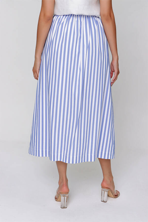 Mavi Önden Düğmeli Çizgili Etek - 5