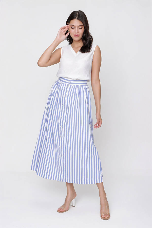 Mavi Önden Düğmeli Çizgili Etek - 2