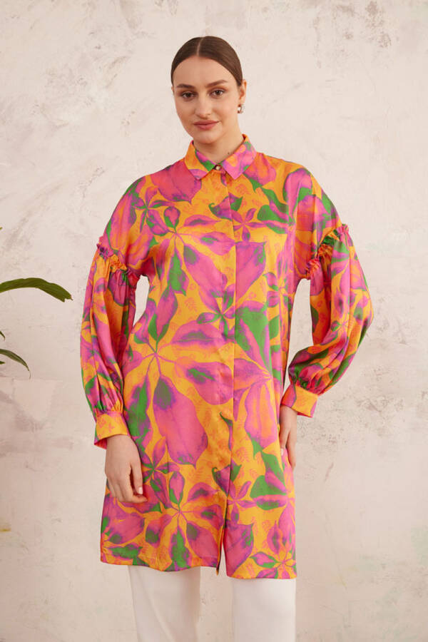 Fuşya Kolları Büzgü Detaylı Desenli Tunik - 5