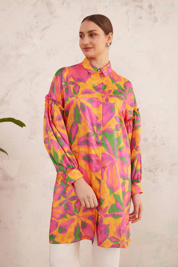 Fuşya Kolları Büzgü Detaylı Desenli Tunik - 7