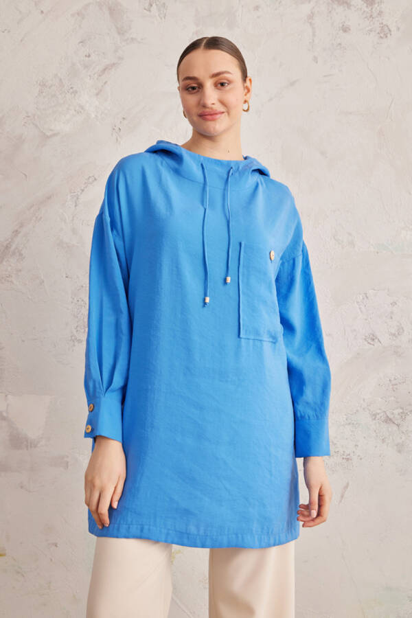 Mavi Kapüşon Detaylı Tunik - 1