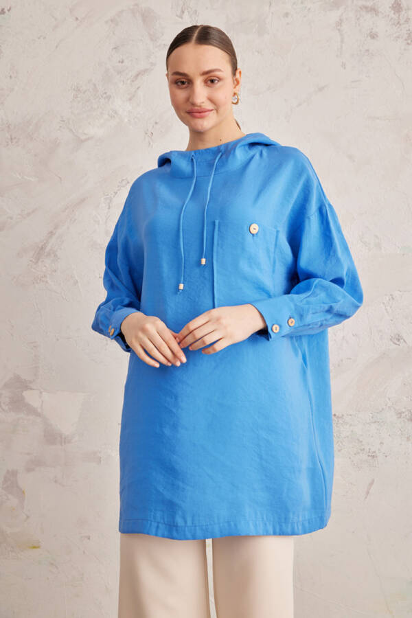 Mavi Kapüşon Detaylı Tunik - 2
