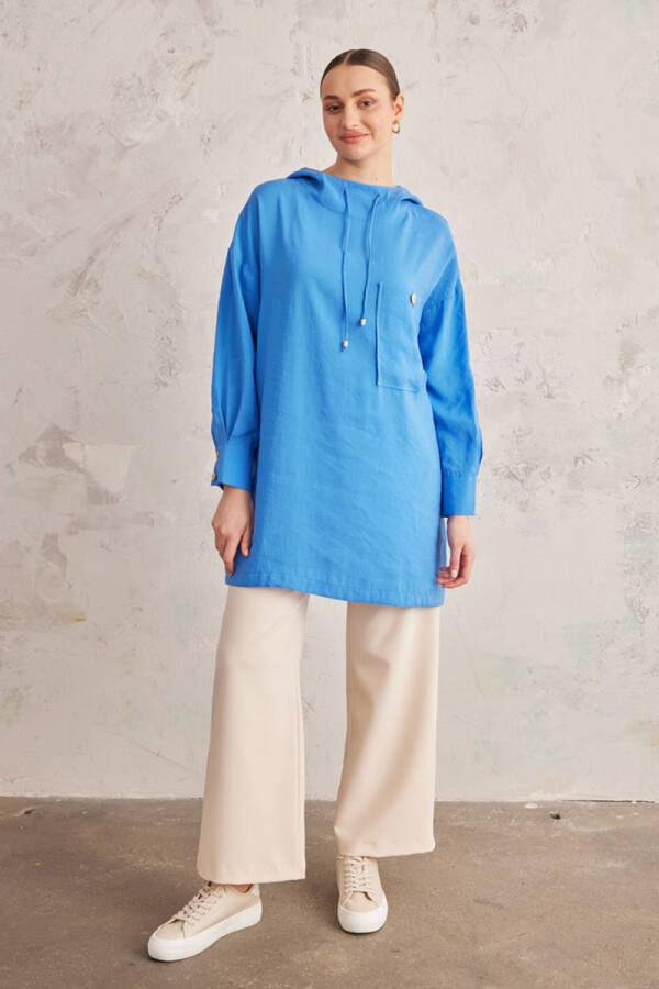 Mavi Kapüşon Detaylı Tunik - 5