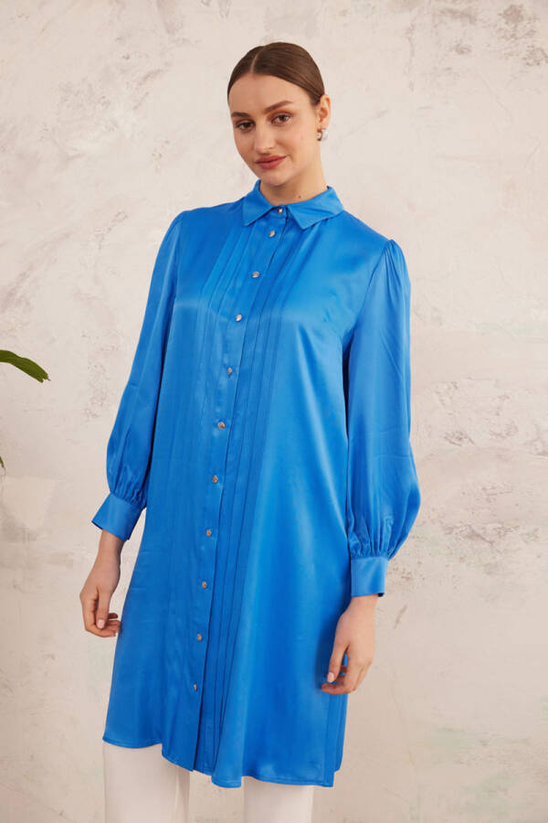 Mavi Nervür Detaylı Saten Tunik - 1