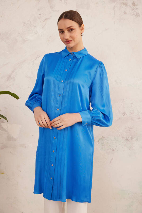 Mavi Nervür Detaylı Saten Tunik - 2