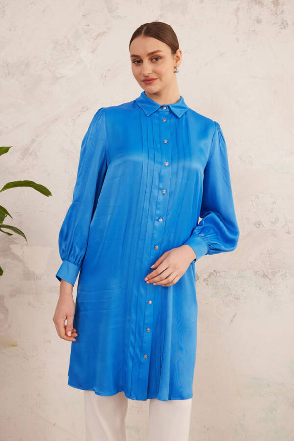 Mavi Nervür Detaylı Saten Tunik - 4