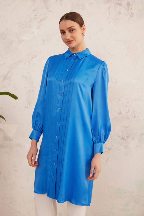 Mavi Nervür Detaylı Saten Tunik - 5
