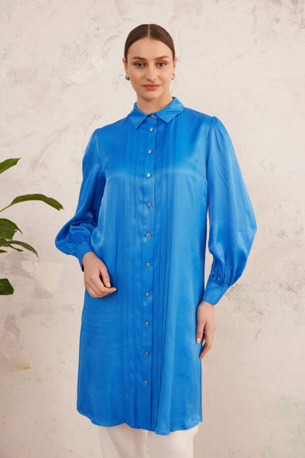 Mavi Nervür Detaylı Saten Tunik - 7