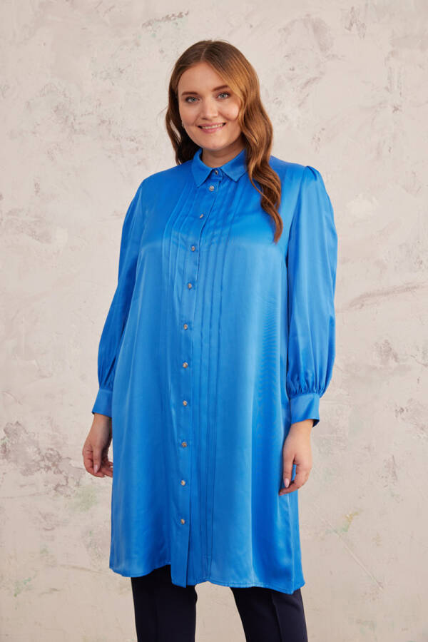 Mavi Nervür Detaylı Saten Tunik - Aker