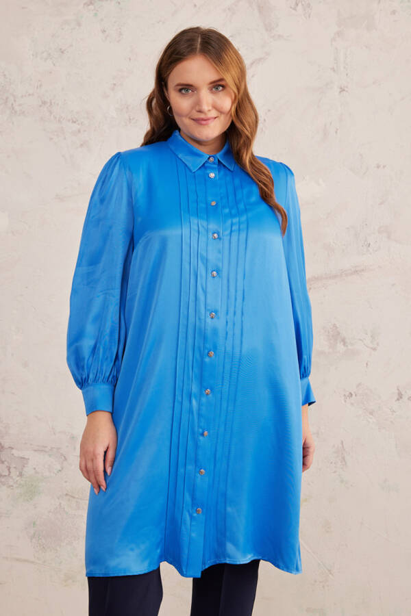 Mavi Nervür Detaylı Saten Tunik - Aker (1)