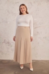 Bej Beli Lastik Detaylı Pilili Etek - 2