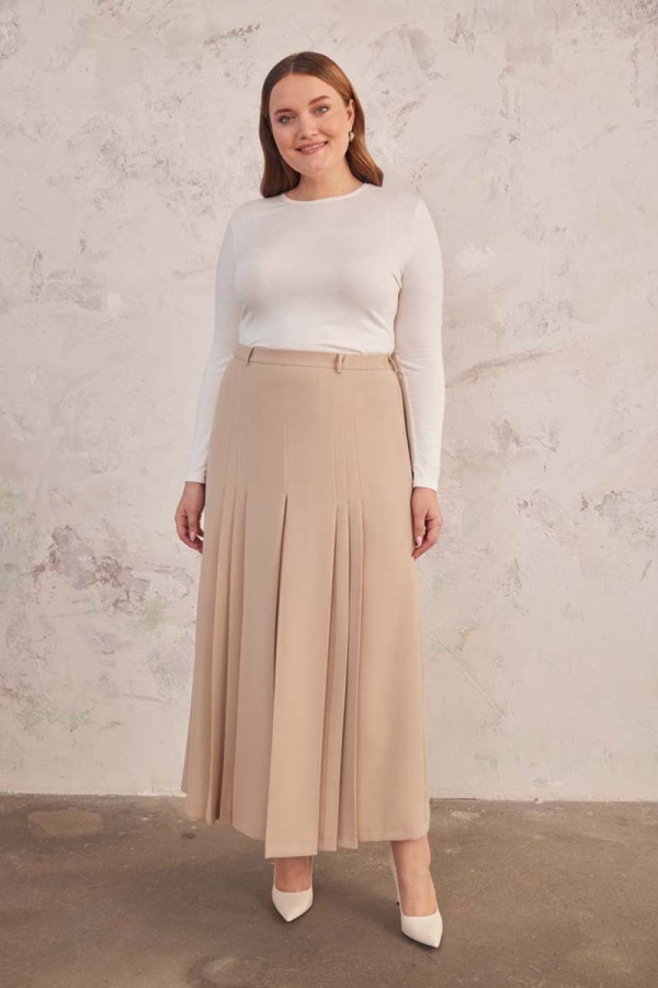 Bej Beli Lastik Detaylı Pilili Etek - 2