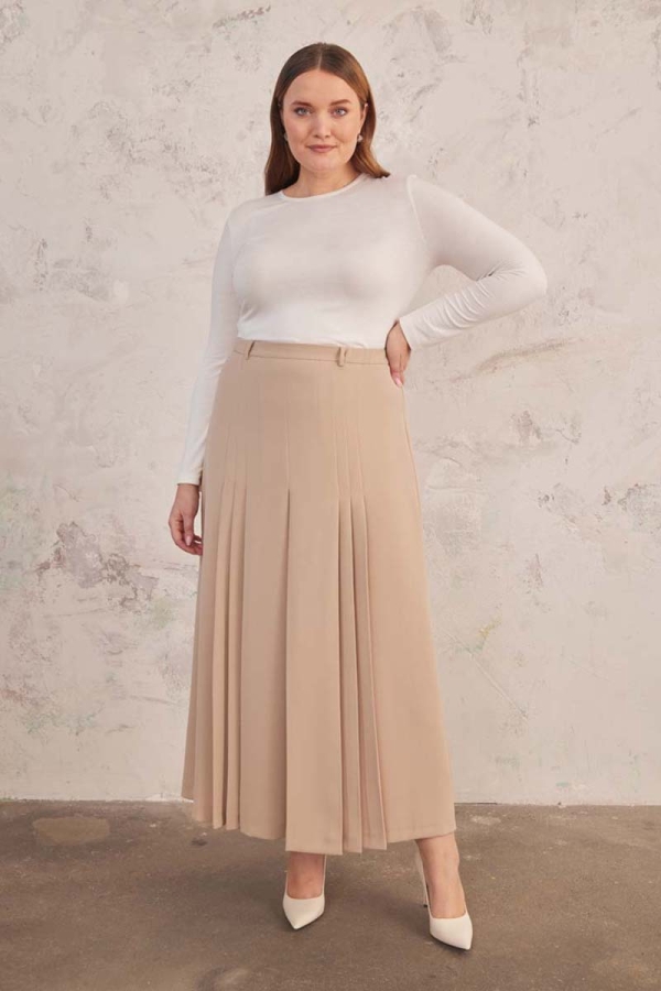 Bej Beli Lastik Detaylı Pilili Etek - 4