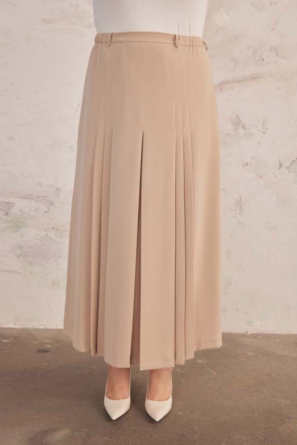 Bej Beli Lastik Detaylı Pilili Etek - 5
