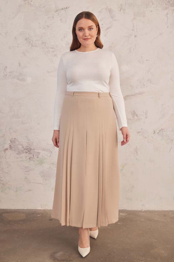 Bej Beli Lastik Detaylı Pilili Etek - 1