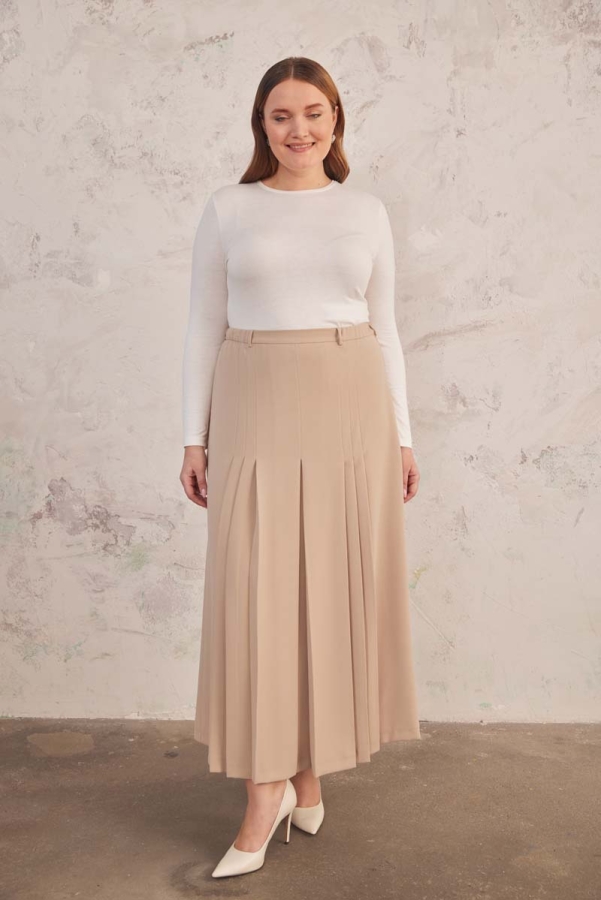 Bej Beli Lastik Detaylı Pilili Etek - 3
