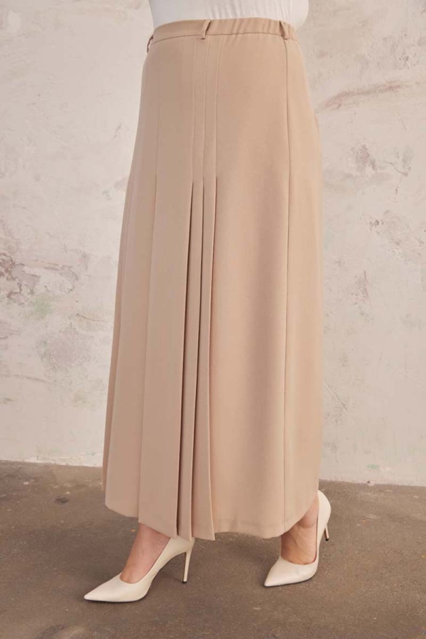 Bej Beli Lastik Detaylı Pilili Etek - 6