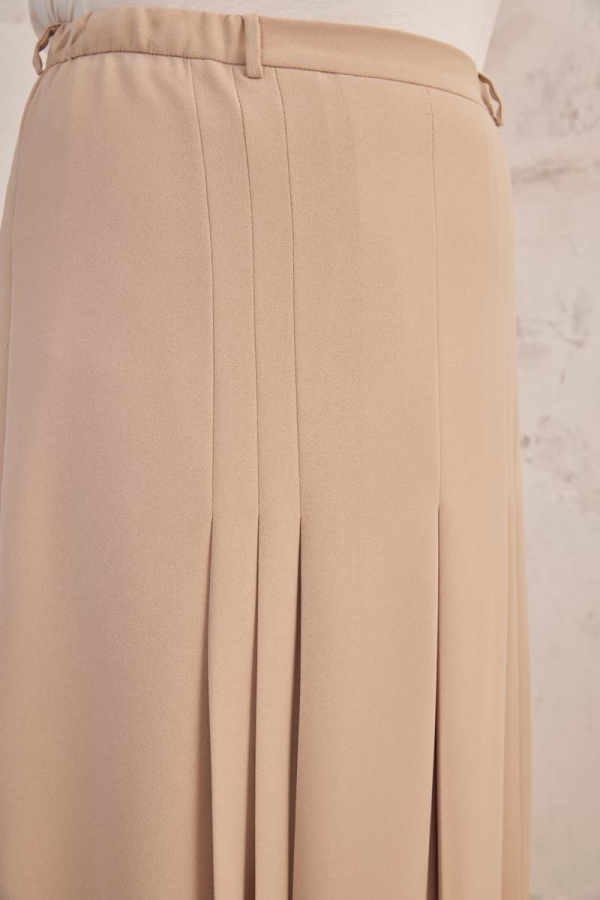 Bej Beli Lastik Detaylı Pilili Etek - 7