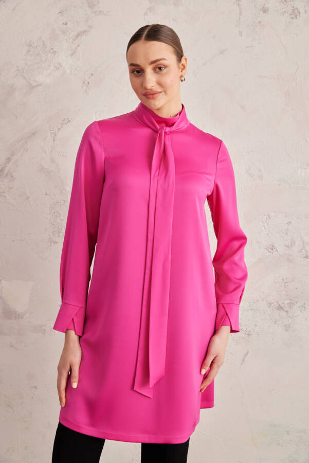 Fuşya Saten Kravat Yaka Tunik - 1