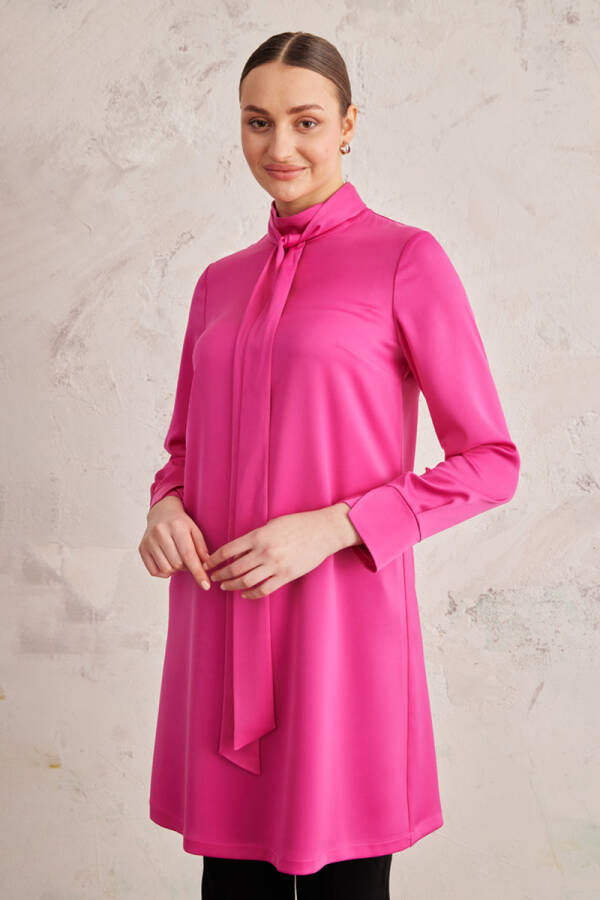 Fuşya Saten Kravat Yaka Tunik - 2