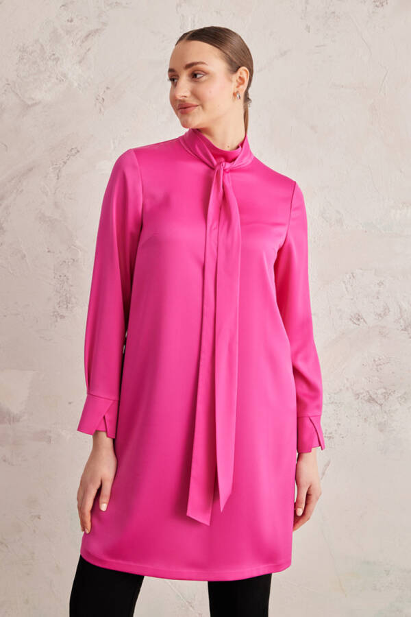 Fuşya Saten Kravat Yaka Tunik - 3
