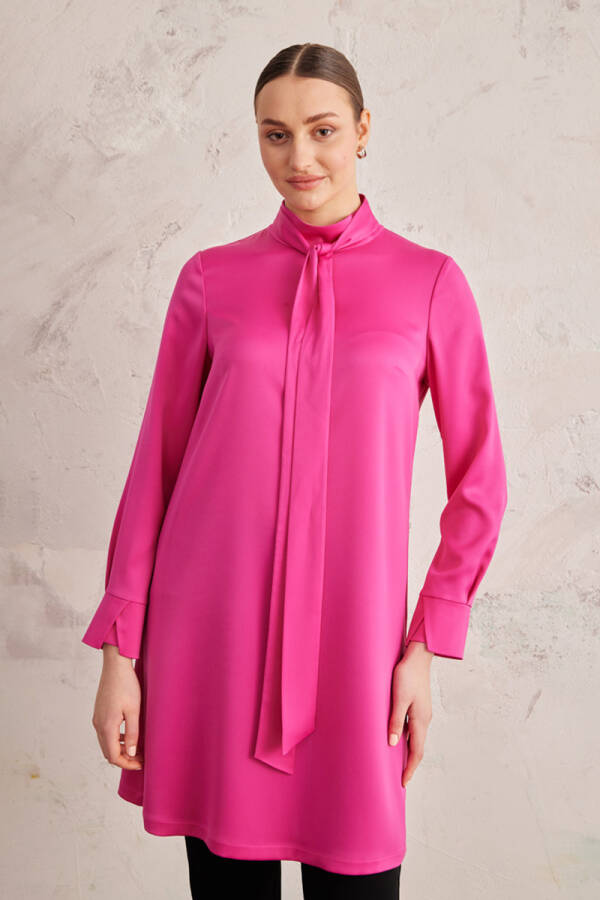 Fuşya Saten Kravat Yaka Tunik - 4