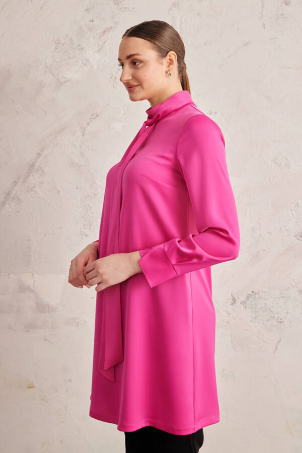 Fuşya Saten Kravat Yaka Tunik - 5