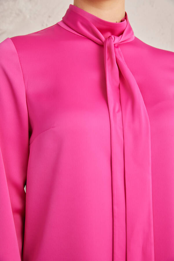 Fuşya Saten Kravat Yaka Tunik - 6