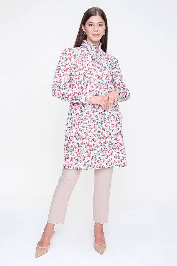Kırmızı Yakası Fırfırlı Desenli Tunik - 2