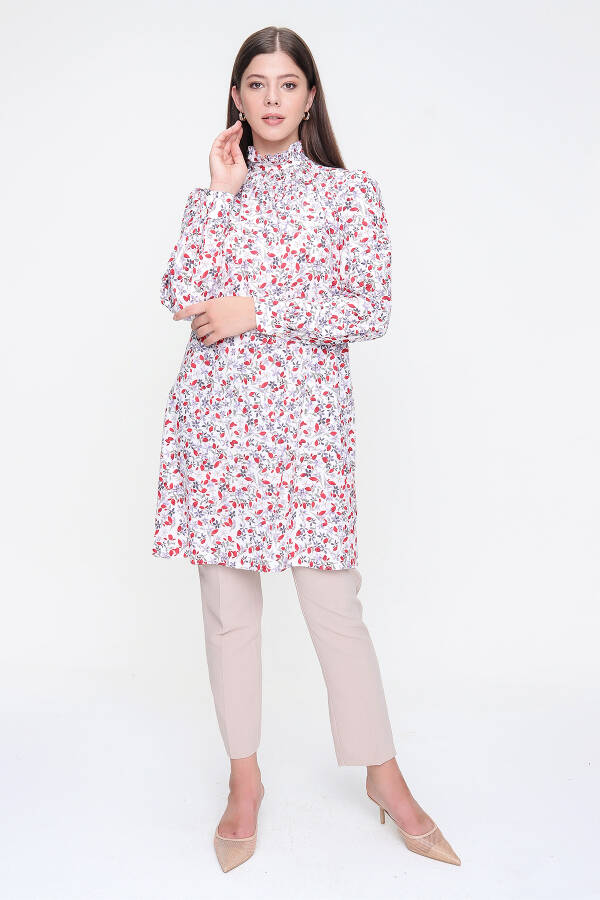 Kırmızı Yakası Fırfırlı Desenli Tunik - 3
