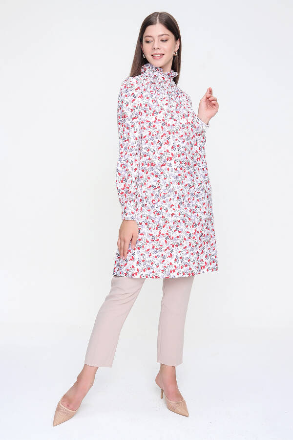 Kırmızı Yakası Fırfırlı Desenli Tunik - 4