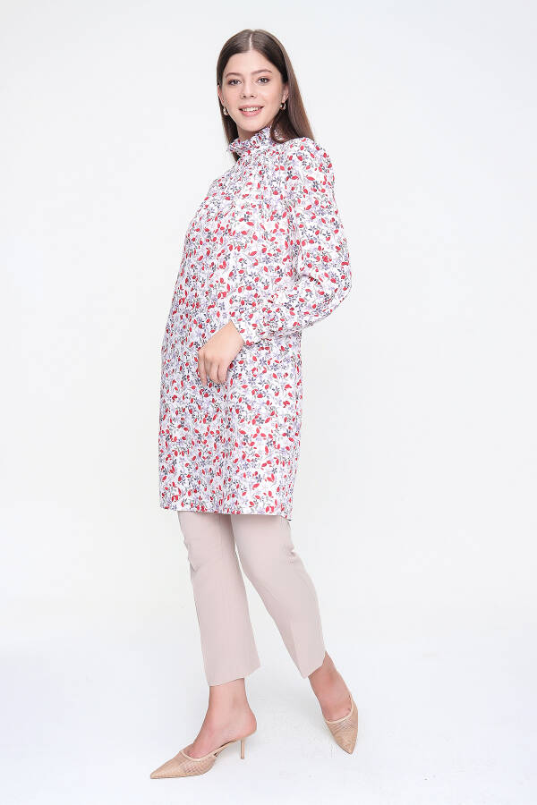 Kırmızı Yakası Fırfırlı Desenli Tunik - 5