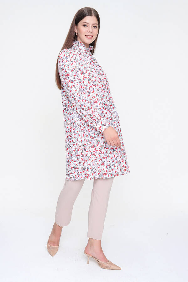 Kırmızı Yakası Fırfırlı Desenli Tunik - 6