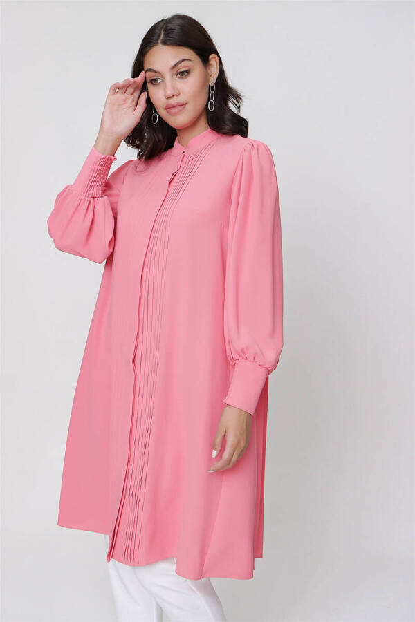 Pembe Nervür Detaylı Hakim Yaka Tunik - 5