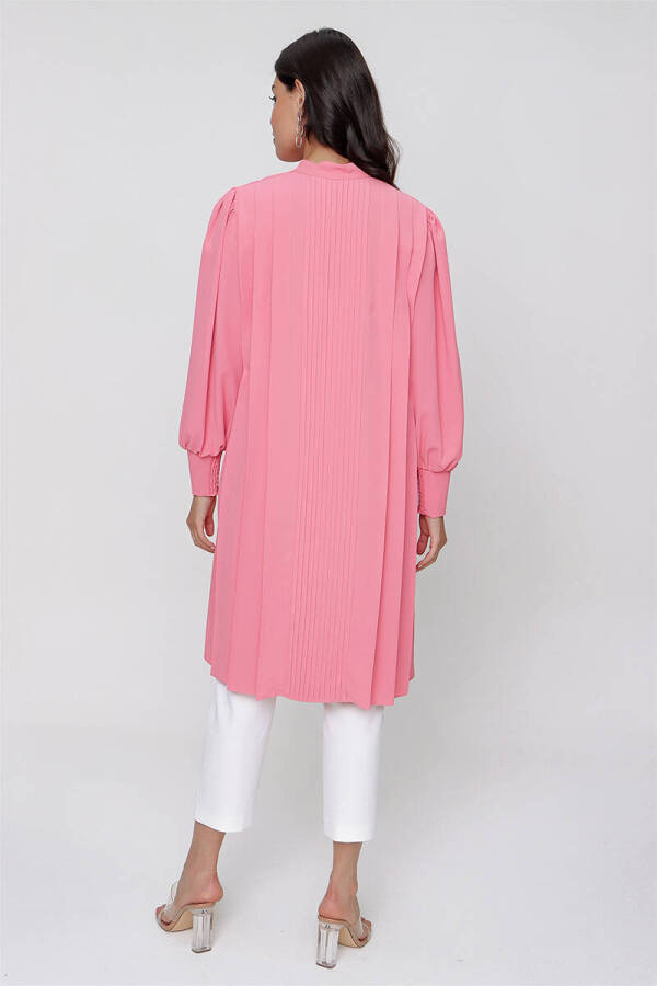 Pembe Nervür Detaylı Hakim Yaka Tunik - 6