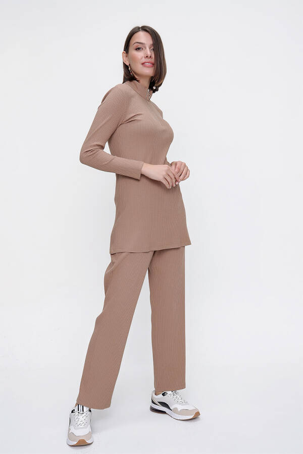 Kahverengi Fitilli Triko Fermuar Detaylı Tunik - 3